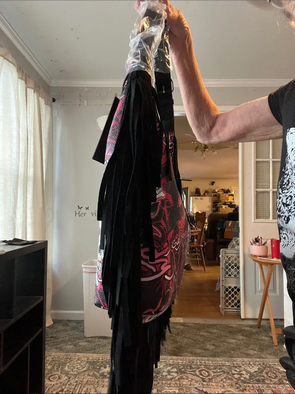 Ed Hardy Black & Pink Rose Skull Fringe Shoulder Bag